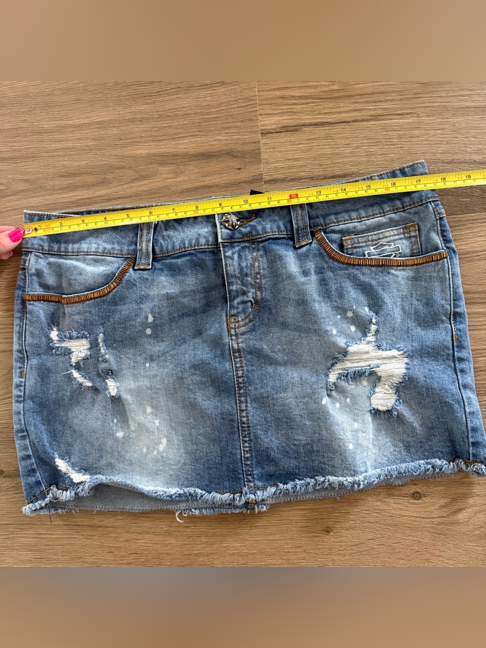 Harley-Davidson Denim Distressed Y2K Mini Skirt Embellished Cut Jeans Women 14 - Picture 9 of 14